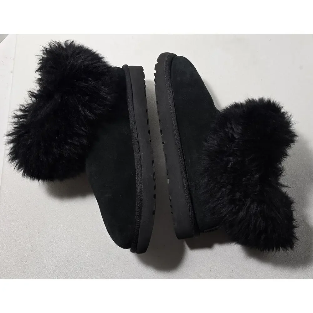 UGG Mini Fluff Collar Women's Black Booties Sheepskin Suede US Size 8 (1112491)